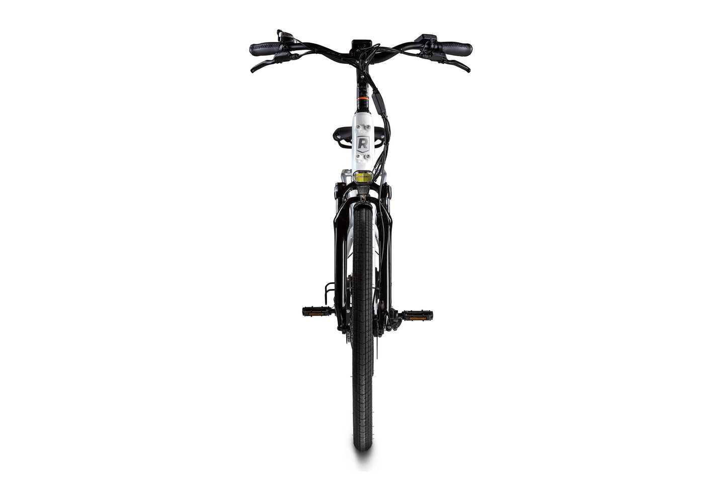 Front view of a Rad Power Bike | Black Electric City Bike | Step Thru ebike in white