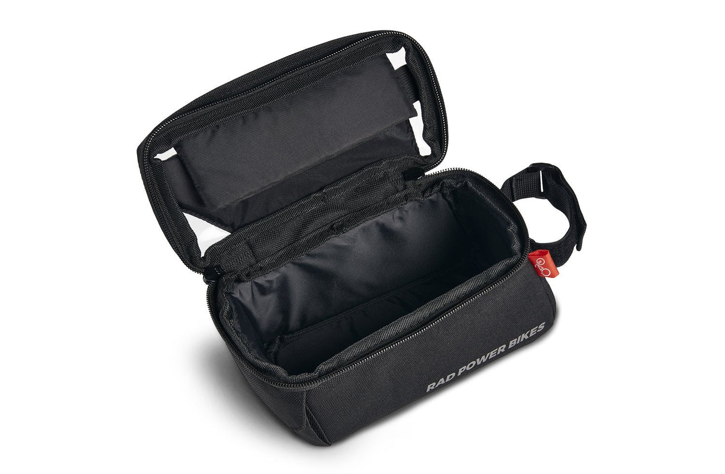 Image of black bag with Rad Power Bikes logo with the top open